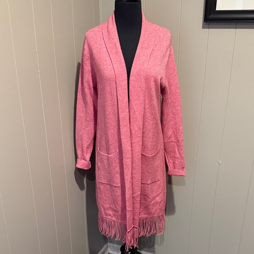 Brand Bazar Women Chic Heather Pink Open Front Cardigan Fringe Hem Casual Prep
